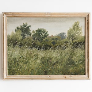 Vintage peinture de paysage de champ d'avoine, impression téléchargement numérique, prairie de fleurs blanches, peinture impressionniste, art rustique européen