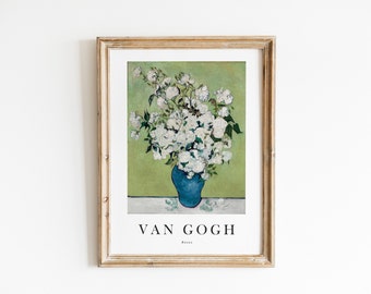 Vintage Van Gogh Art Print, Digital Download, Museum Exhibition Poster, Roses Still Life Painting, Muted Sage Green Tones, Farmhouse Decor