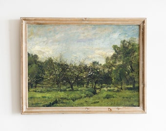 Vintage Flowering Tree in Springtime Landscape Painting, Digital Download Print, Field Meadow, Impressionist Painting, European Rustic Art