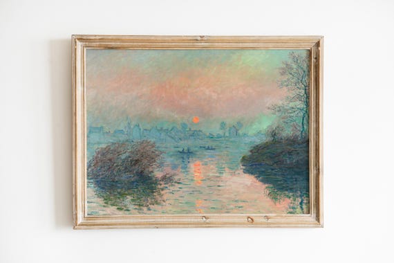 クロード・モネの風景画、ラヴァクールのセーヌ川に沈む夕日の絵画