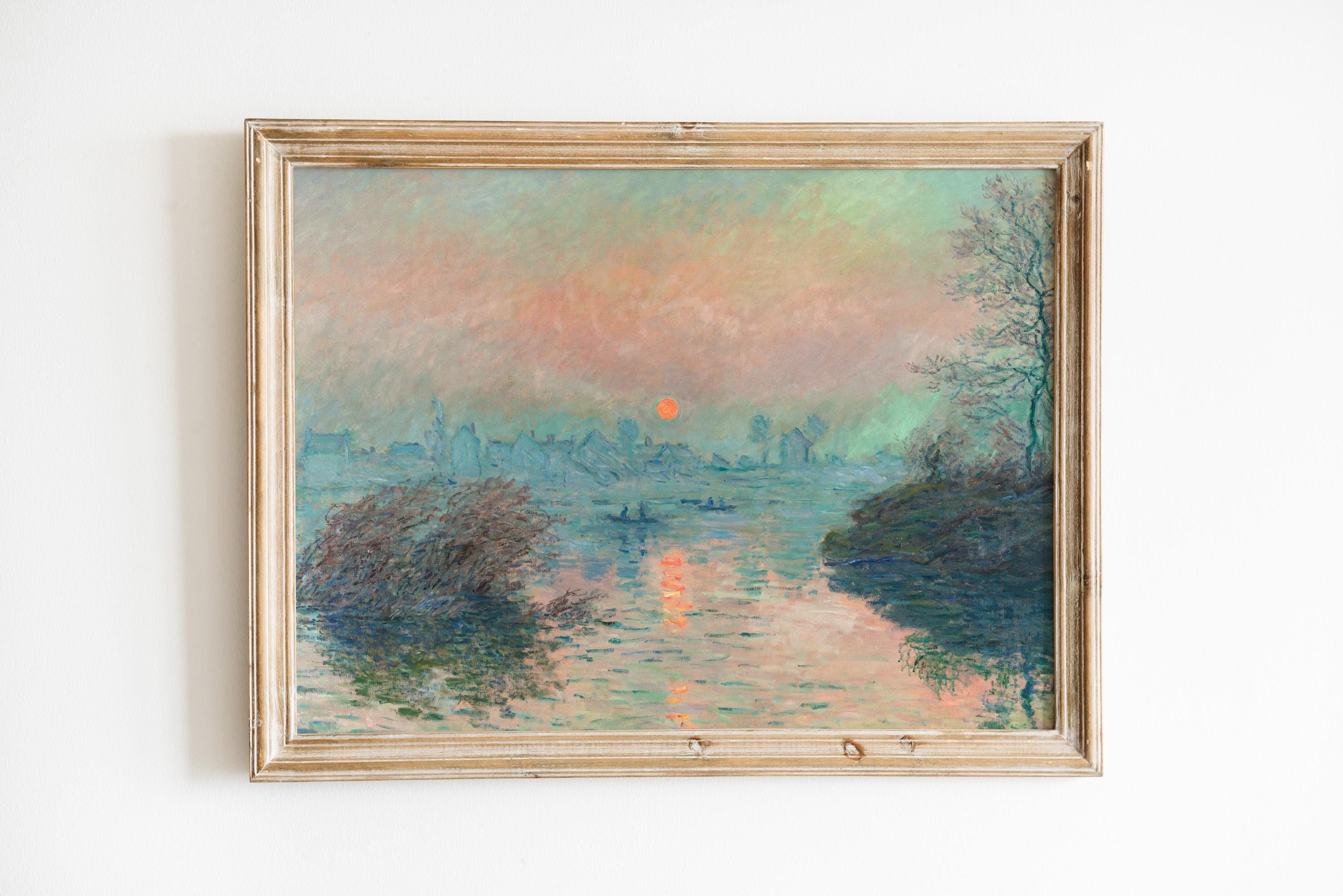 クロード・モネの風景画、ラヴァクールのセーヌ川に沈む夕日の絵画