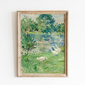 Vintage Landscape Painting, Digital Download, Berthe Morisot, French Impressionism, Girl In A Boat With Geese, 19th Century European Art