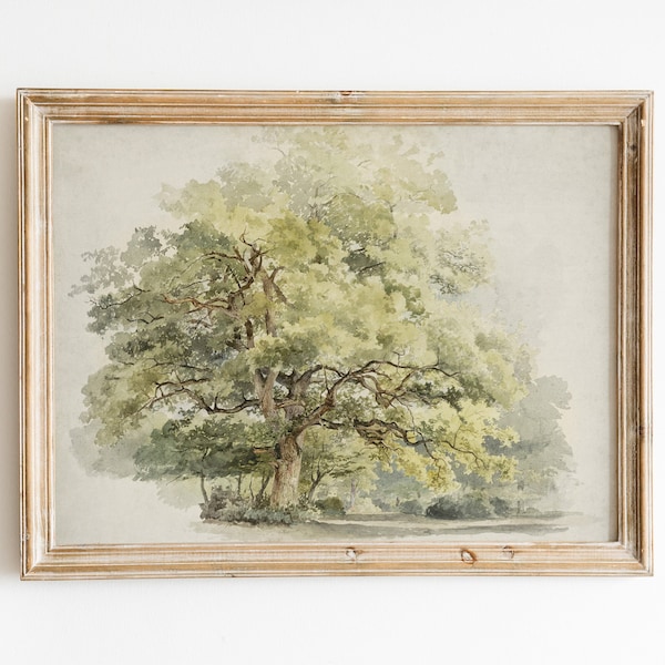 Vintage Oak Tree Landscape Painting, Instant Digital Download, Tree Study, 19th Century Antique Art, Farmhouse Country Decor