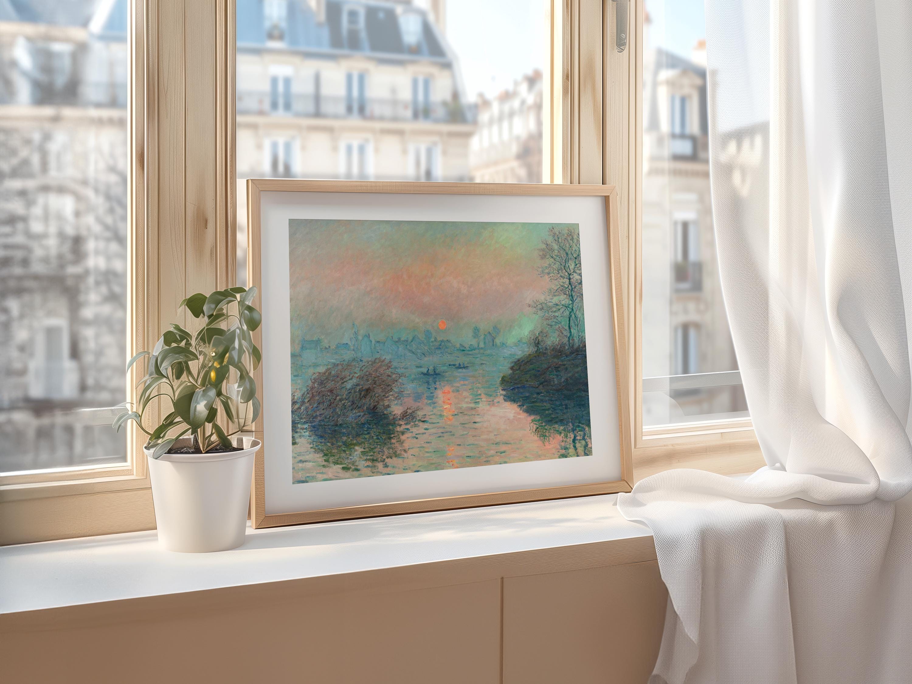 クロード・モネの風景画、ラヴァクールのセーヌ川に沈む夕日の絵画