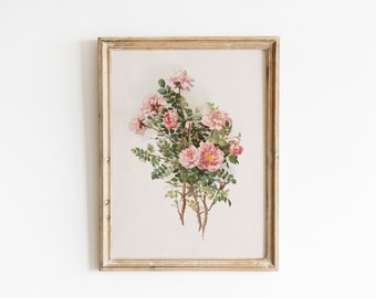 Vintage Pink Roses Flower Bouquet Illustration, DIGITAL DOWNLOAD, Watercolour Painting, Botanical Wall Art, Farmhouse Decor, Antique Art