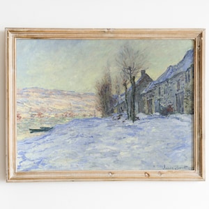 Print Of Claude Monet Snowy Winter Landscape Painting, DIGITAL DOWNLOAD, Festive Christmas Wall Art, White Neutral Tones, Country Farmhouse