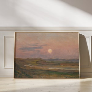 Vintage Modernist Landscape Painting, Digital Download, Jan Stanisławski Polish Artist, Pink Moonrise Sunset, 19th Century European Art image 4