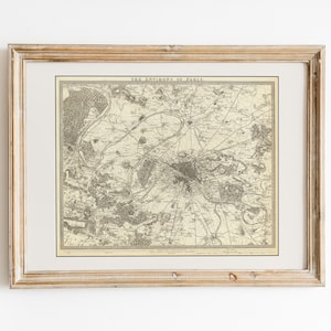 Vintage Map Of Paris Print, Descarga digital, Decoración de tonos beige neutros, Cartografía Wall Art, Mapa antiguo del siglo 19, Casa de campo