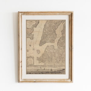 ニューヨーク市のビンテージ地図プリント、デジタルダウンロード、ニュートラルベージュトーン、地図作成ウォールアート、18世紀のアンティーク地図、農家の装飾