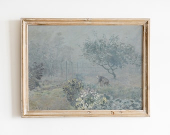 Vintage Grey Impressionist Landscape Painting, Digital Download Print, Fog Mist Garden Scene, Botanical Wall Art, Neutral Tones, Farmhouse