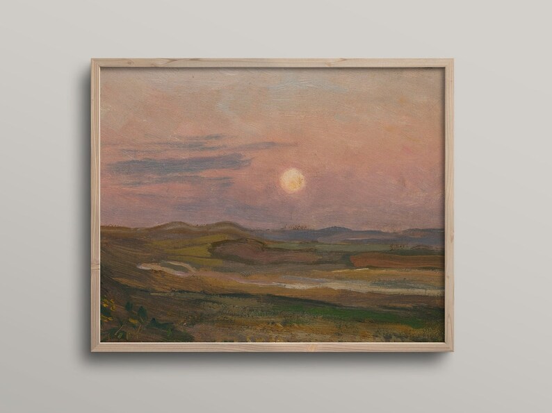 Vintage Modernist Landscape Painting, Digital Download, Jan Stanisławski Polish Artist, Pink Moonrise Sunset, 19th Century European Art image 6