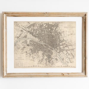 Vintage Map Of Paris Print, Descarga digital, Decoración de tonos beige neutros, Cartografía Wall Art, Mapa antiguo del siglo 19, Casa de campo