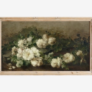 Samsung Frame TV Art, Vintage White Roses Still Life Painting, DIGITAL DOWNLOAD, Botanical Wall Art, Dark Neutral Tones Decor, White Flowers