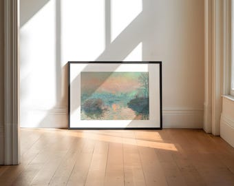 クロード・モネの風景画、ラヴァクールのセーヌ川に沈む夕日の絵画
