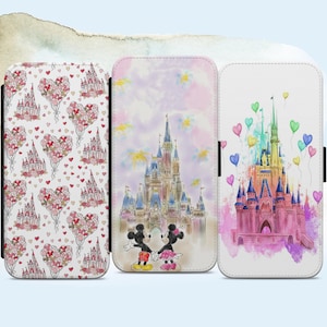 Funda tipo cartera con tapa de Mickey y Minnie Castle de Disney para iPhone, Samsung y Google Pixel