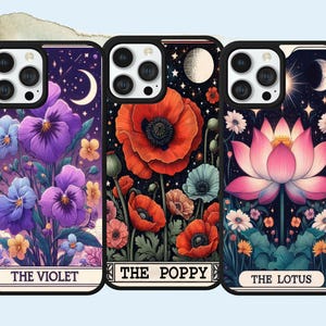 Capa de celular com estampa floral botânica de cartas de tarô para iPhone Samsung Huawei Google Pixel Estampa de papoula Estampa de lótus Estampa violeta Capa de bruxa