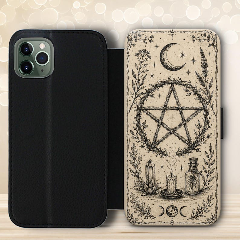 May include: A black wallet-style phone case with a beige front cover featuring a black ink illustration of a pentagram inside a wreath, a crescent moon, a lit candle, a crystal, a glass bottle, and various botanical elements and moon phases.