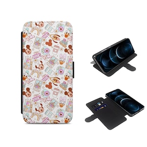 May include: A white phone case featuring a colourful pattern of Disney characters, including Mickey Mouse, Minnie Mouse, Donald Duck, and Daisy Duck. The case is made of leather and has a flap that can be folded over to protect the phone screen.