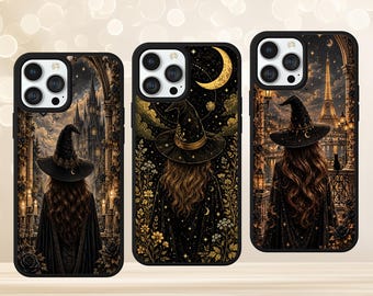May include: Three black phone cases with witch-themed designs. Each case features a witch wearing a hat and cloak, with backgrounds including a castle, a crescent moon, and the Eiffel Tower. The cases have black borders.