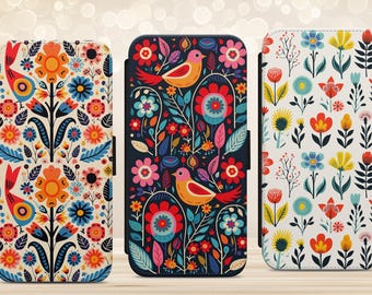 Folk Art Print Pattern Phone Case for iPhone Samsung Galaxy Google Pixel Flip Wallet Holder Scandinavian