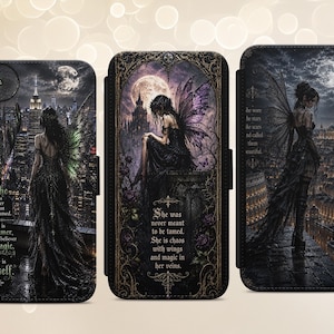 May include: Three rectangular phone cases featuring dark fantasy illustrations of winged figures against night cityscapes and full moons. Each case displays intricate gothic artwork with purple and black tones, including text quotes about magic, dreams, and being untamed.