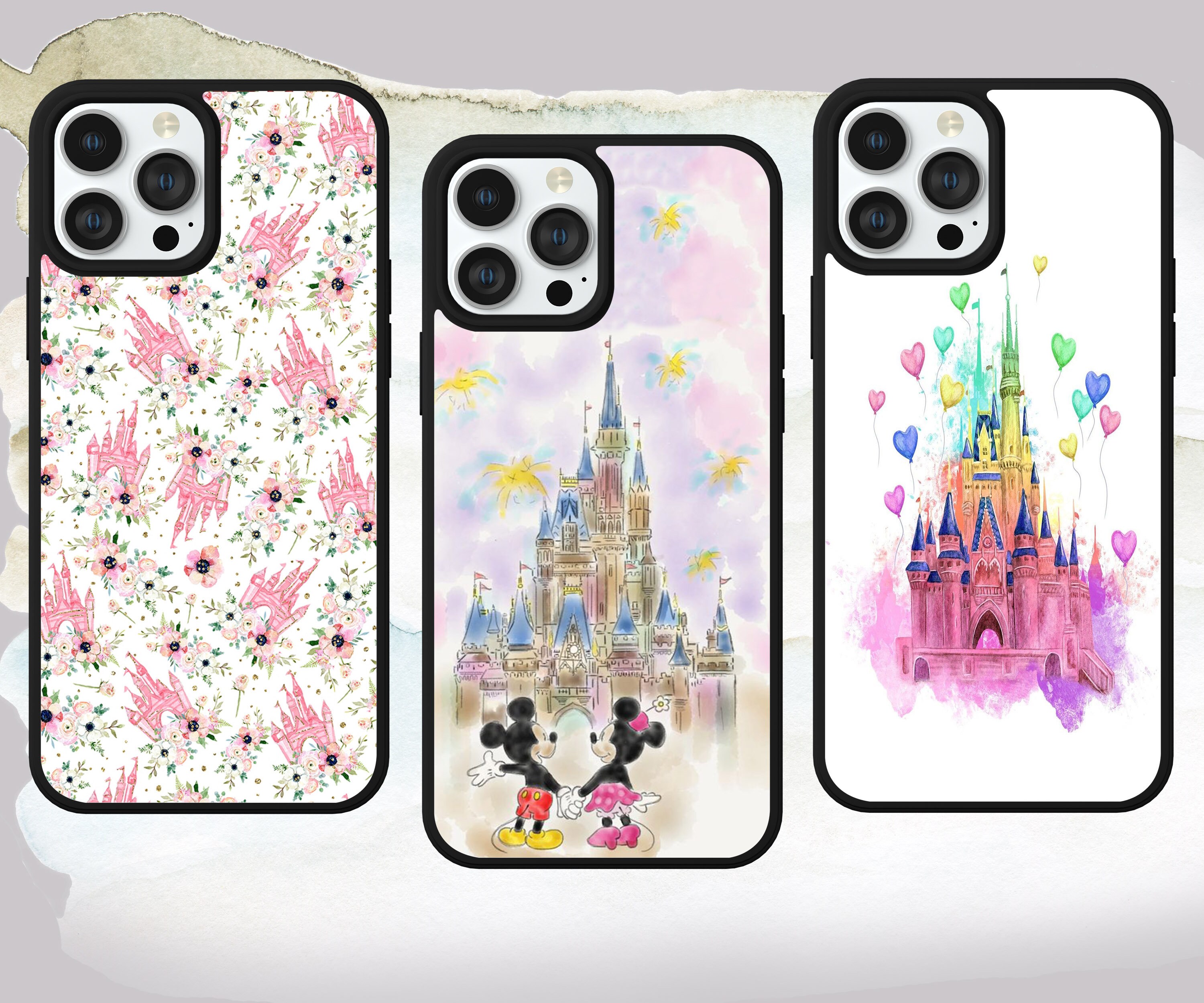 Disney castle watercolour drawing Minnie and Mickey phone case for iPhone  11 12 13 14 15 16 Samsung S25 Fe A15 A56 Google Pixel