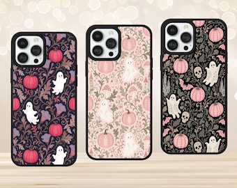 Funda para teléfono con estampado de calabaza y fantasma rosa para iPhone y Samsung Pixel, ideal para otoño y Halloween.