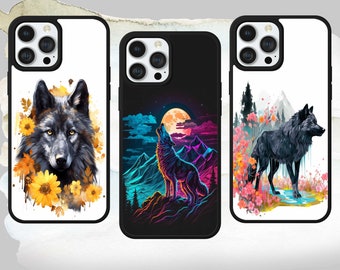 Black Wolf Floral Pastel Watercolour gothic phone case for iPhone Samsung Huawei Google Pixel