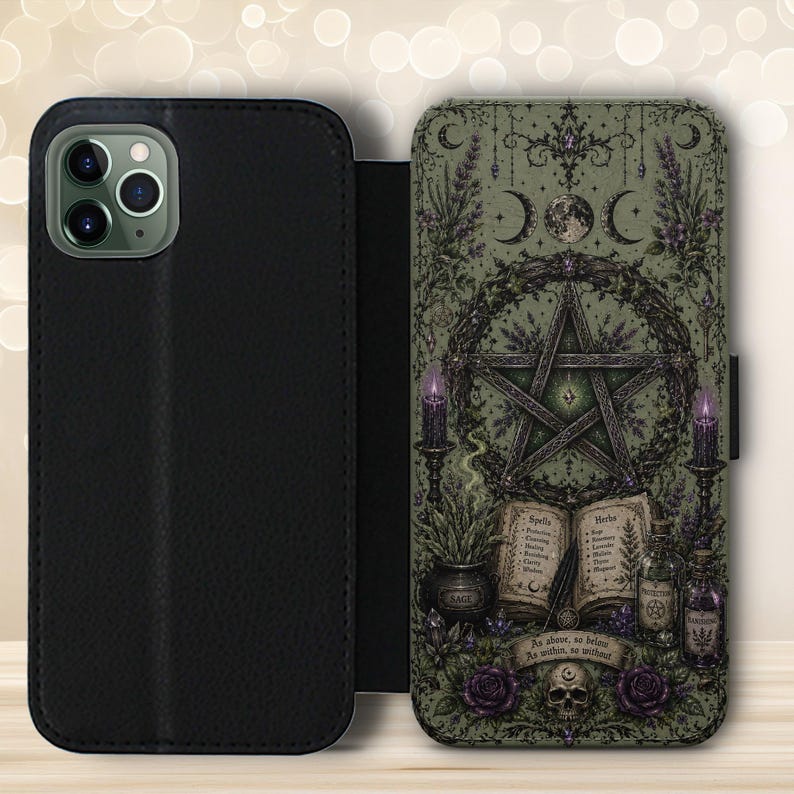 May include: A black wallet-style phone case featuring a detailed illustration of a pentagram, an open spellbook with the text 'Spells' and 'Herbs', candles, a skull, and the phrase 'As above, so below. As within, so without' in shades of green and purple.