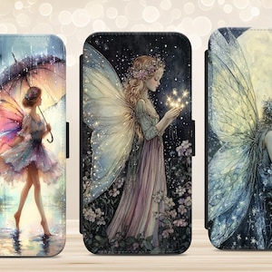 May include: Three phone cases featuring fairy artwork. One depicts a fairy with an umbrella in the rain, another a fairy holding stars, and the last a fairy seated before a moon.