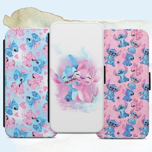 Funda tipo cartera con diseño de ángel de Lilo y Stitch en acuarela, rosa y azul, para iPhone, Samsung Galaxy y Google Pixel.