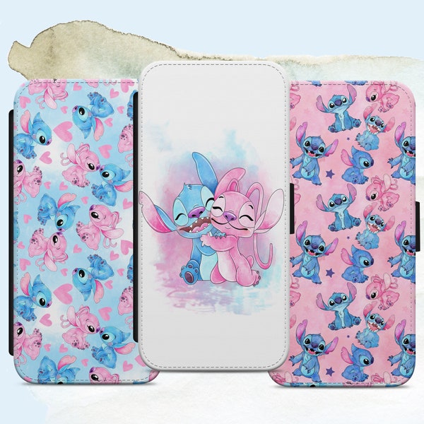 Lilo and Stitch Angel Watercolour Pink Blue Pattern Phone Case Flip Wallet Cover For iPhone, Samsung Galaxy, Huawei