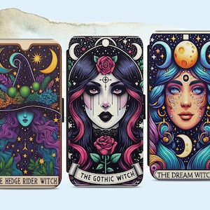 Capa de celular com estampa de bruxa gótica e cartas de tarô mágicas, carteira flip para iPhone Samsung Google Pixel com compartimentos para cartões, presente de bruxaria