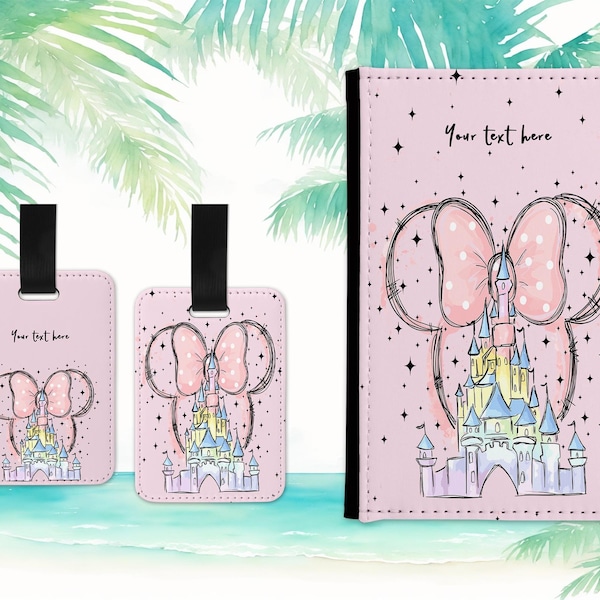 Funda para pasaporte y etiqueta de equipaje inspirada en Disney en color rosa, personalizada con nombre, para viajes a Disney, regalo de vacaciones, pasaporte para niños, pasaporte para niñas