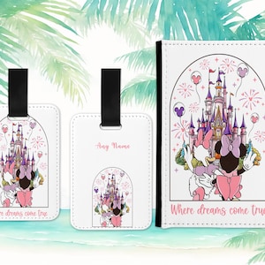 Set di portapassaporto rosa personalizzato ispirato al castello Disney di Minnie e targhetta per bagaglio, etichetta per borsa scolastica con primo passaporto per bambine