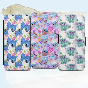 Funda tipo cartera con diseño de Lilo y Stitch Ohana en acuarela, rosa y azul, para iPhone, Samsung Galaxy y Google Pixel.
