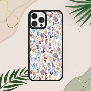 May include: A black phone case with a white background and a colourful pattern of Disney characters and icons. The pattern includes Mickey Mouse, Minnie Mouse, Stitch, and other Disney characters.