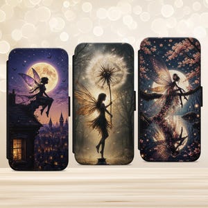May include: Three phone cases with fantasy art. One case features a fairy on a rooftop with a full moon. Another shows a fairy holding a dandelion. The third depicts a fairy near a moonlit lake with cherry blossoms.