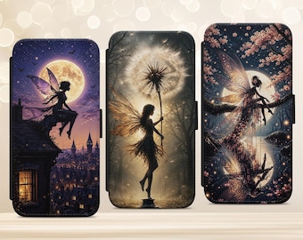 May include: Three phone cases with fantasy art. One case features a fairy on a rooftop with a full moon. Another shows a fairy holding a dandelion. The third depicts a fairy near a moonlit lake with cherry blossoms.