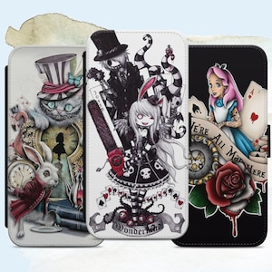 Capa de celular estilo carteira de couro vegano Alice no País das Maravilhas Joker Anime Sketch Art Dark Gothic Dark Joker para iPhone Samsung Google Pixel