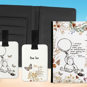 Winnie the Pooh Adventure Friendship Guote custom name personalised passport cover holder and luggage tag set