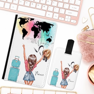 May include: White passport holder and luggage tag with a world map design and the text "Let Your Feet Wander." The illustrations feature a woman with her arms raised, a suitcase, and a hat. The luggage tag has a black strap.