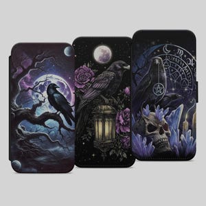 Capa de celular Raven Crow Gothic Moon Witchy para iPhone Samsung Google Pixel Flip Wallet