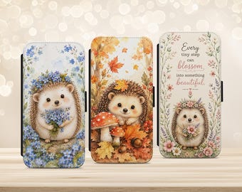 Funda para iPhone y Samsung Pixel con diseño floral y hojas de otoño, tipo cartera con ranuras para tarjetas.