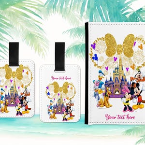 Disney castle inspired Girls Pink Gold Print Custom Name personalised passport cover holder and luggage tag set school bag tag gym bag tag