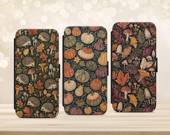 Pumpkin Pattern Mushroom Hedgehog Cozy Phone Case for iPhone Samsung Google Pixel Vegan Leather Wallet Case
