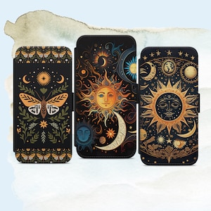 Funda tipo cartera con diseño de Sol, Luna, Estrellas y Planetas Mágicos para iPhone, Samsung y Google Pixel.