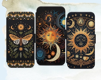 Celestial Sun Moon Stars Phone Wallet Case: Vegan Leather Flip Cover for iPhone Samsung Pixel