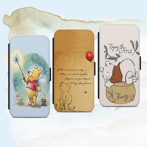 Funda tipo cartera con tapa de Winnie the Pooh para iPhone, Samsung Galaxy y Google Pixel. Regalo de San Valentín con frase de amor y amistad.