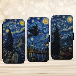 May include: Three phone cases with a starry night design featuring witches and landmarks. The cases show a witch with a staff, a witch flying over the London Eye, and a witch with a lantern near a castle.